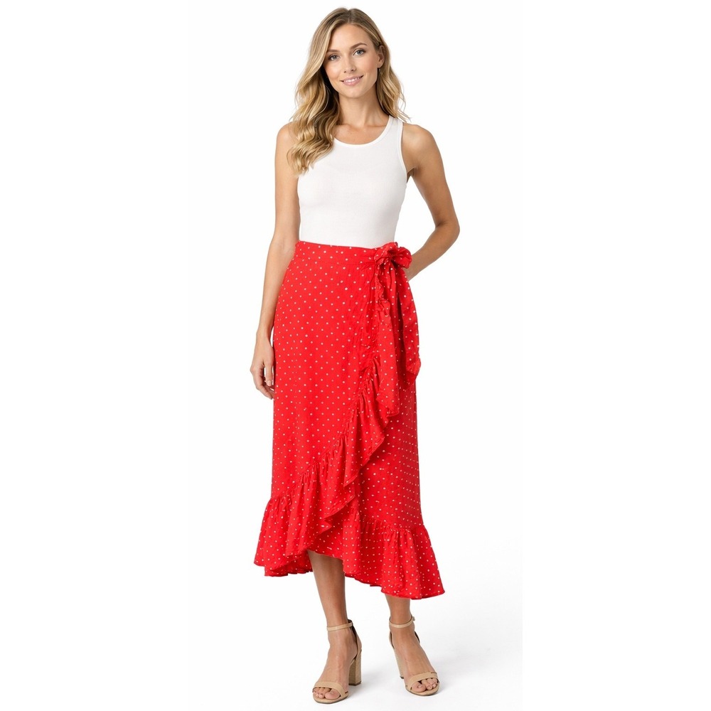 Draper James‎ Wrap Midi Skirt Women Medium Red Polka Dot Ruffle Trim Preppy Boho